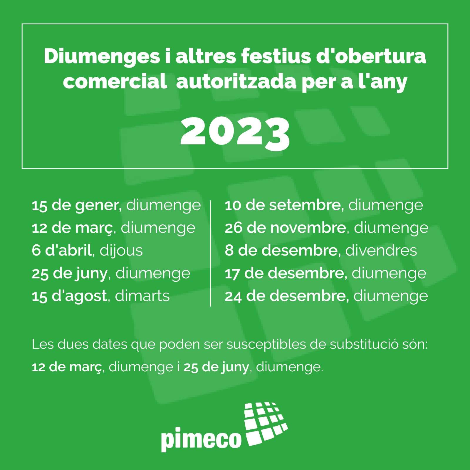 Domingos y otros festivos de apertura comercial autorizada para el año 2023.
